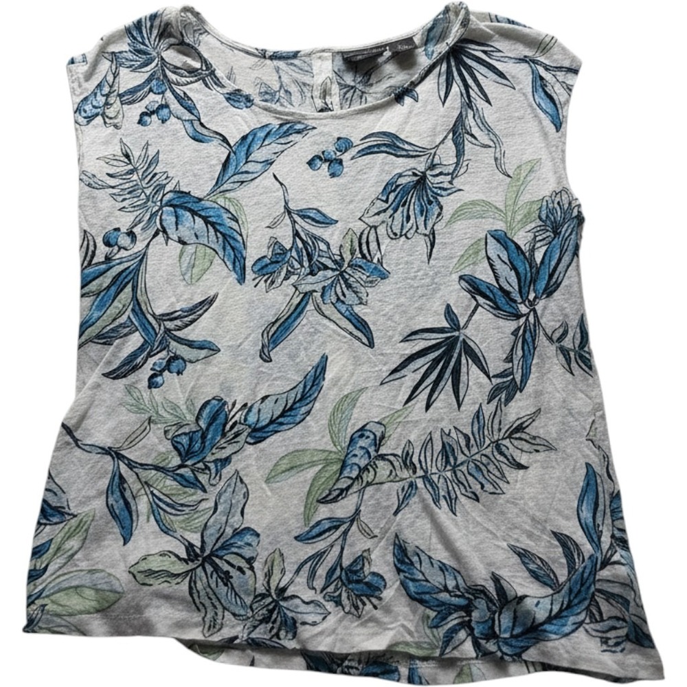 Tahari Blouse Womens Large Multicolor Round Neck Sleeveless Linen Floral Top